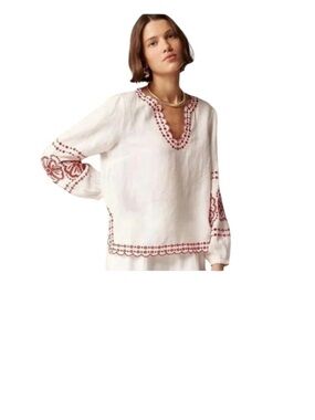 J.Crew Bungalow embroidered white linen floral eyelet tunic blouse size XS